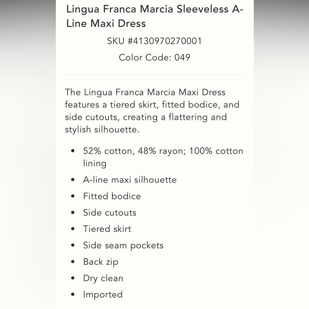 Lingua Franca Marcia Anthropologie NWT 
Sleeveless A-Line Maxi Dress size 6. - Picture 6 of 16